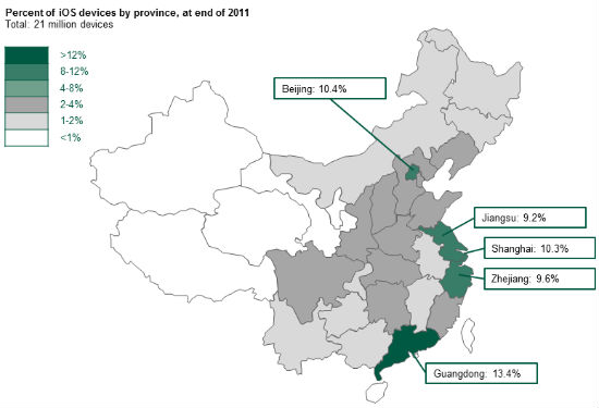 Percent of iOS Devices by Province at the end of 2011 Percent of iOS Devices by Province at the end of 2011